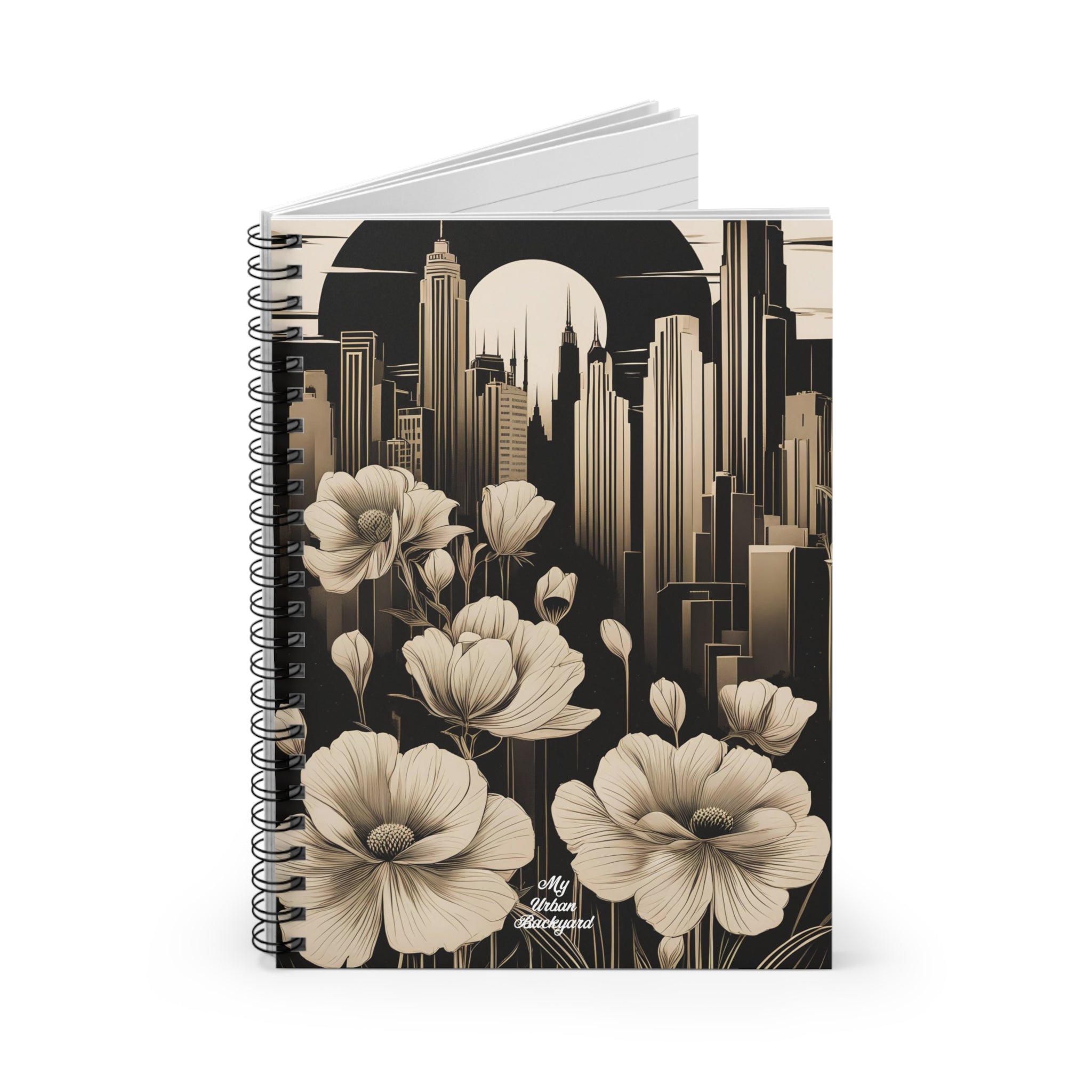 Urban Moon with Flowers, Spiral Notebook Writing Journal - 118 Ruled Pages