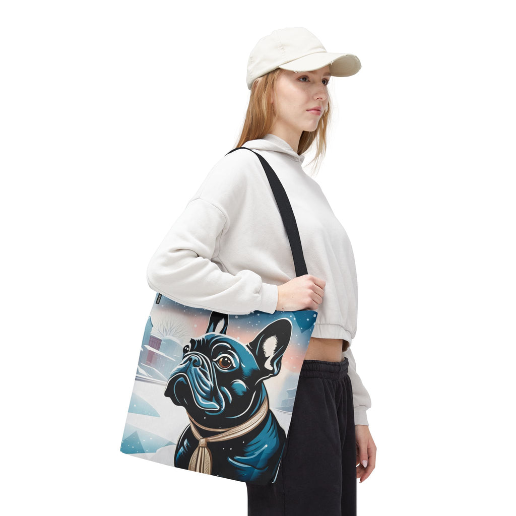 French Bulldog Winter Tote Bag — Snowy Pup All-Over Print Tote