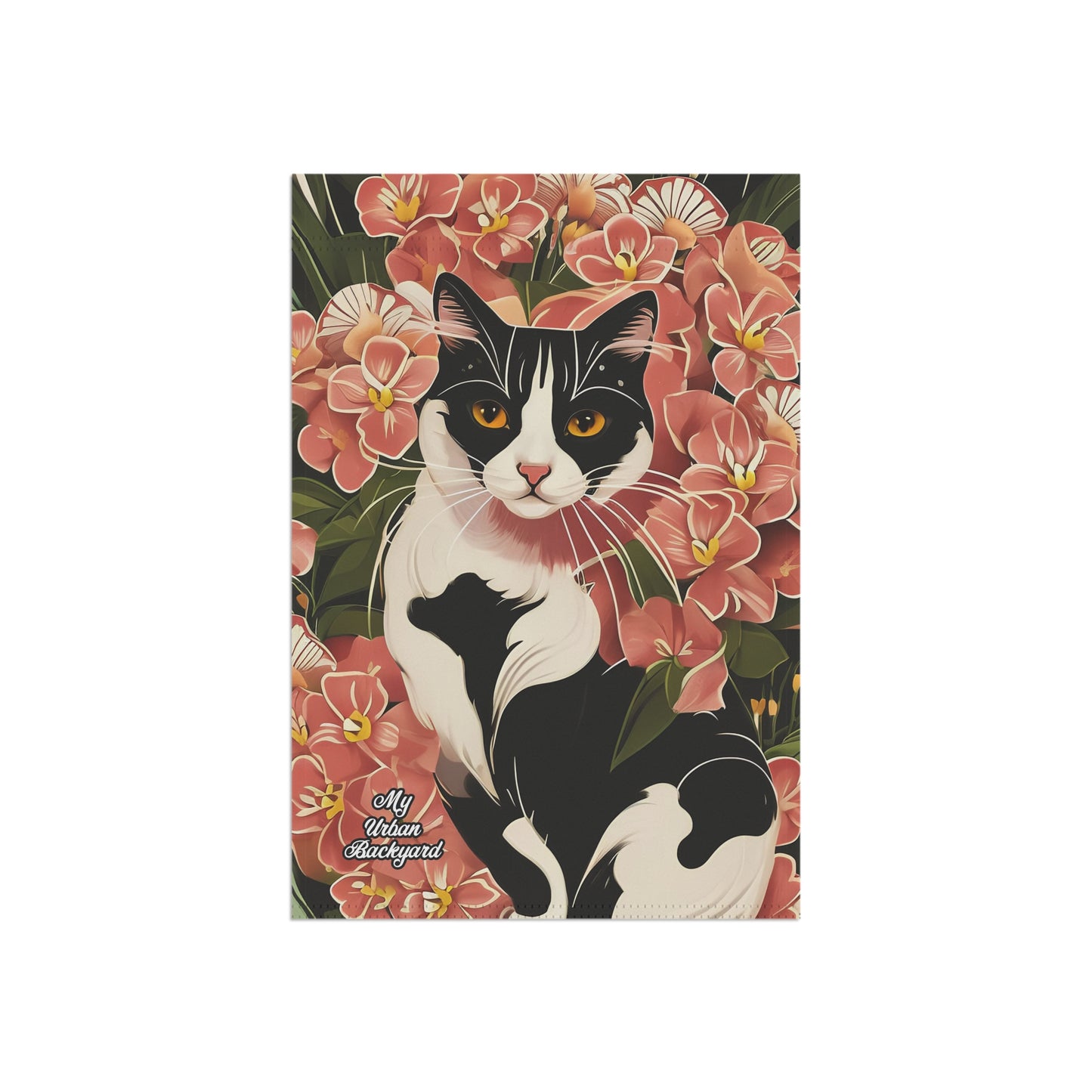 Black & White Cat in Flowers, Garden Flag for Yard, Patio, Porch, or Work, 12"x18" - Flag only