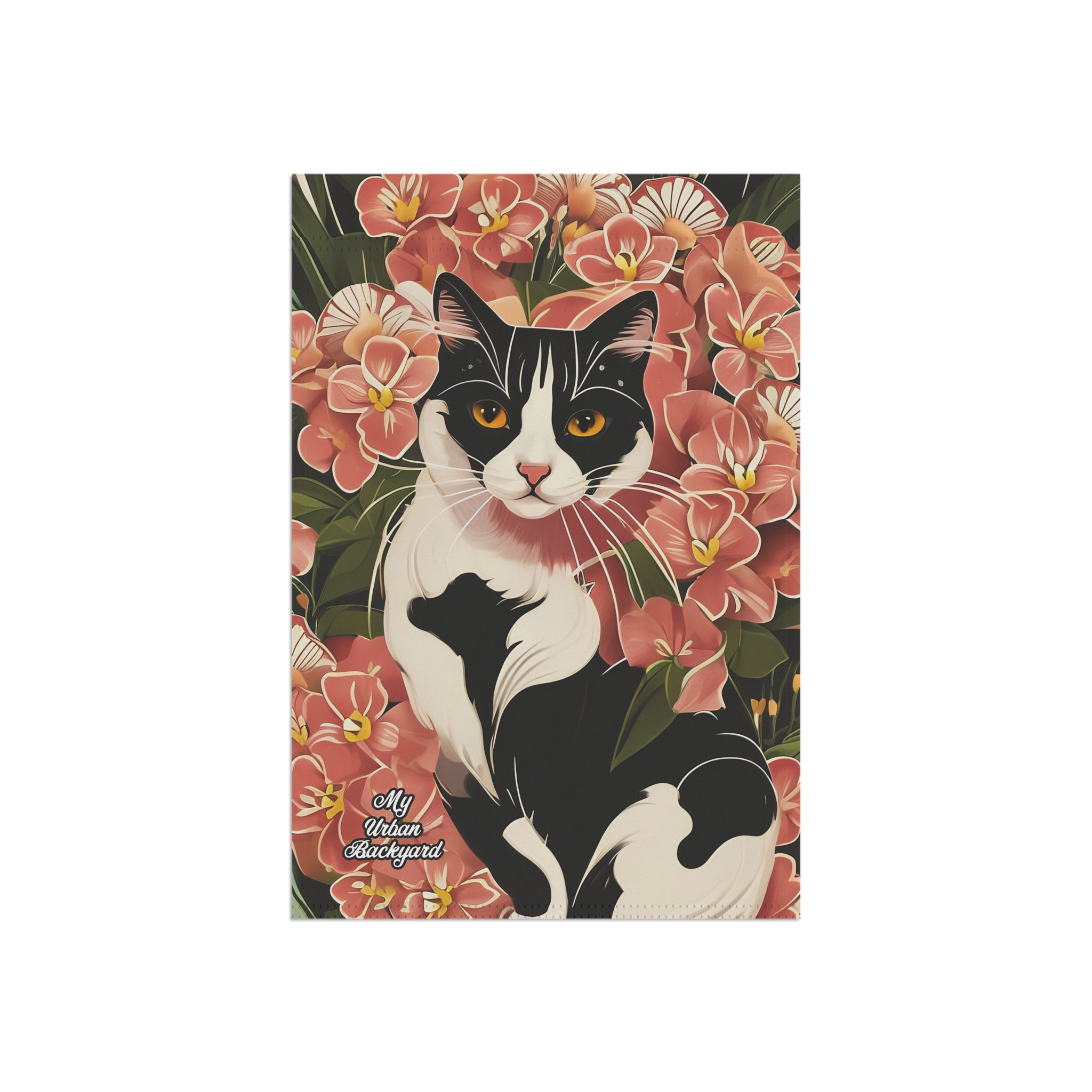 Black & White Cat in Flowers, Garden Flag