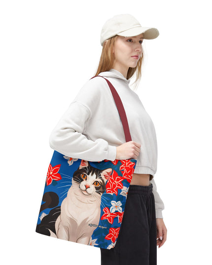 Cat and Red White & Blue Flowers Tote Bag with Cotton Handles For Everyday Use, 3 Sizes