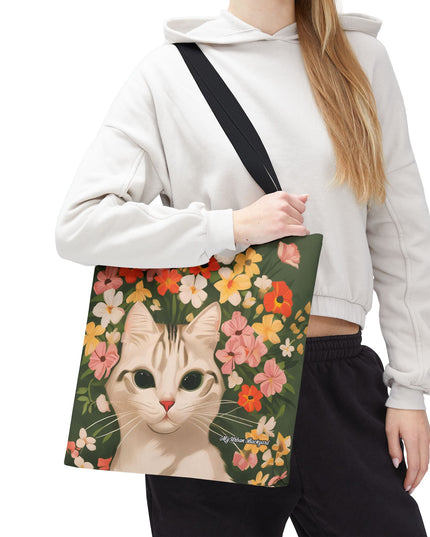 White Cat with Flowers Tote Bag with Cotton Handles For Everyday Use, 3 Sizes
