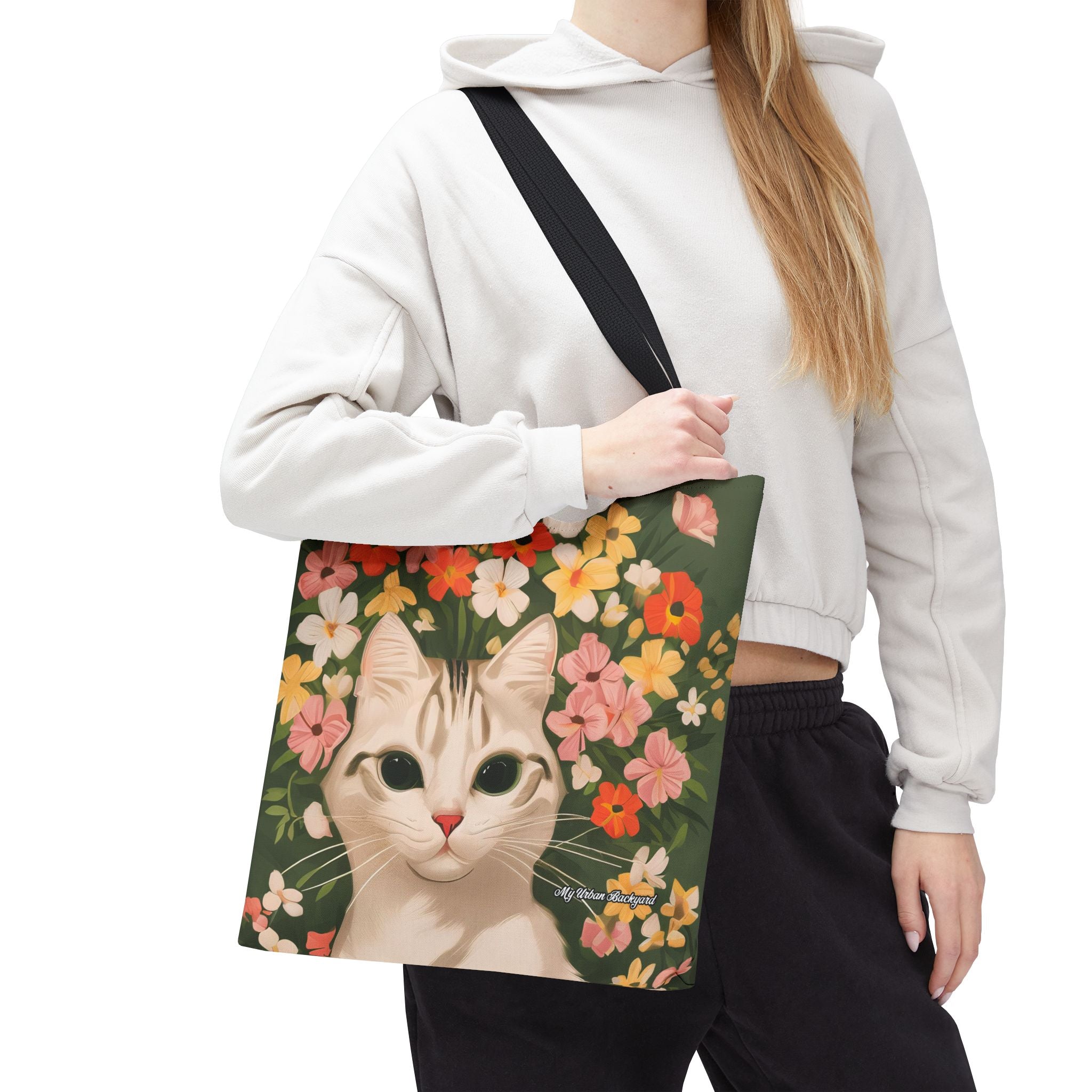 White Cat with Flowers Tote Bag with Cotton Handles For Everyday Use, 3 Sizes