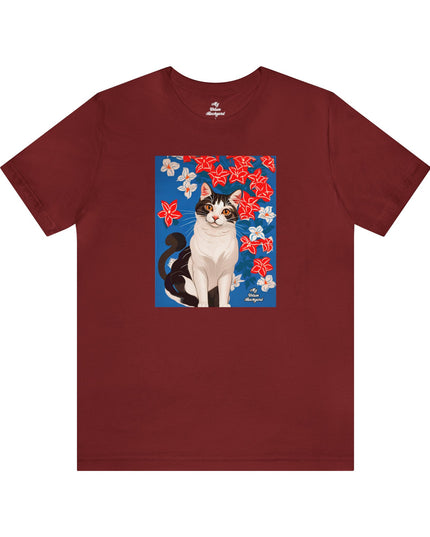 Cat with Red and White Flowers, Soft 100% Jersey Cotton T-Shirt, Unisex, Short Sleeve, Retail Fit