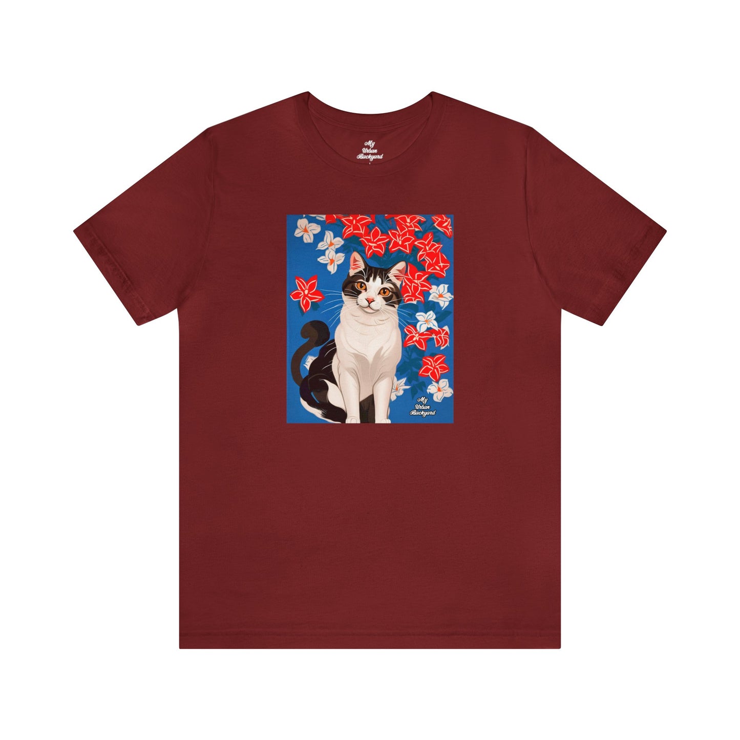 Cat with Red and White Flowers, Soft 100% Jersey Cotton T-Shirt, Unisex, Short Sleeve, Retail Fit