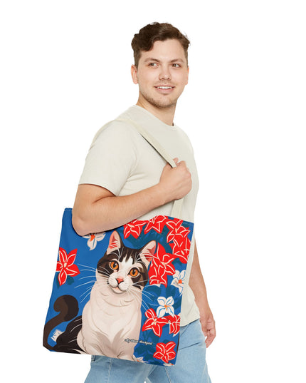 Cat and Red White & Blue Flowers Tote Bag with Cotton Handles For Everyday Use, 3 Sizes