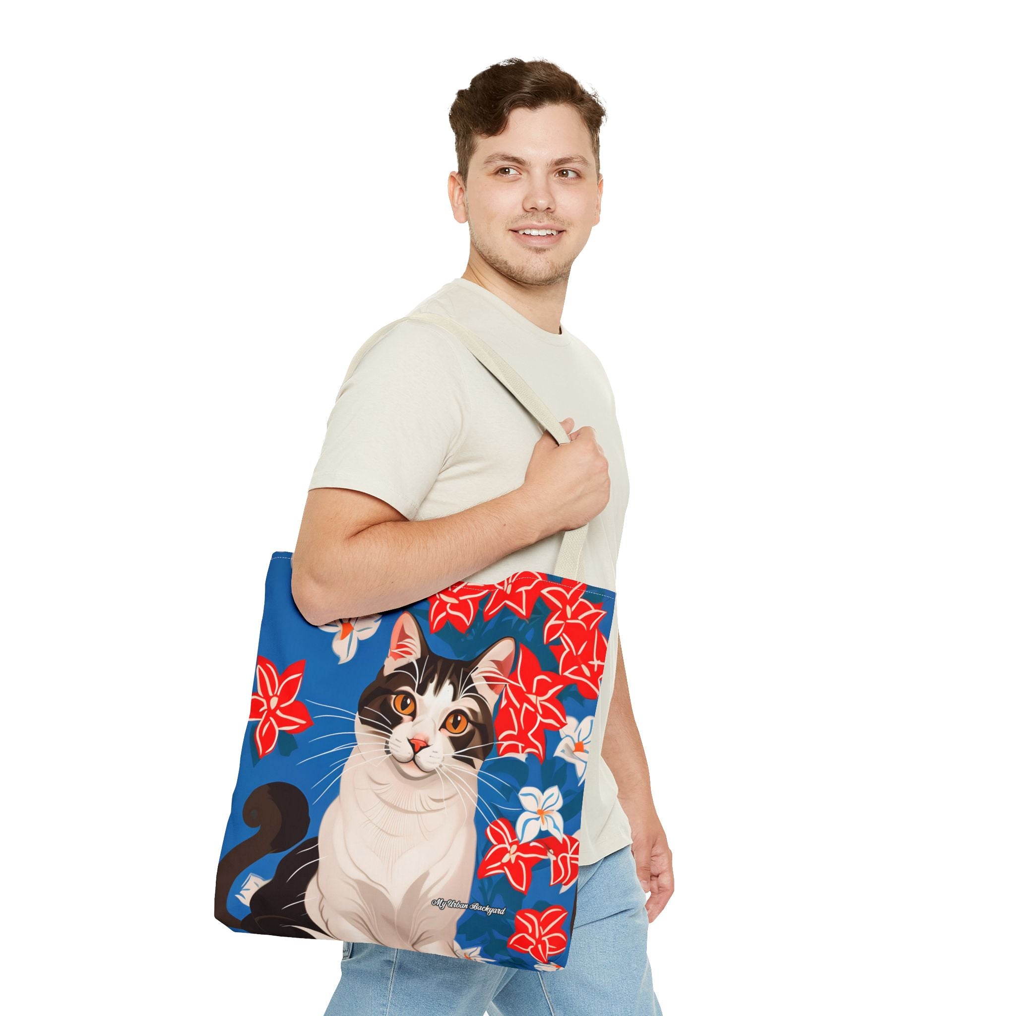 Cat with Red and White Flowers, Tote Bag with Cotton Handles For Everyday Use, 3 Sizes