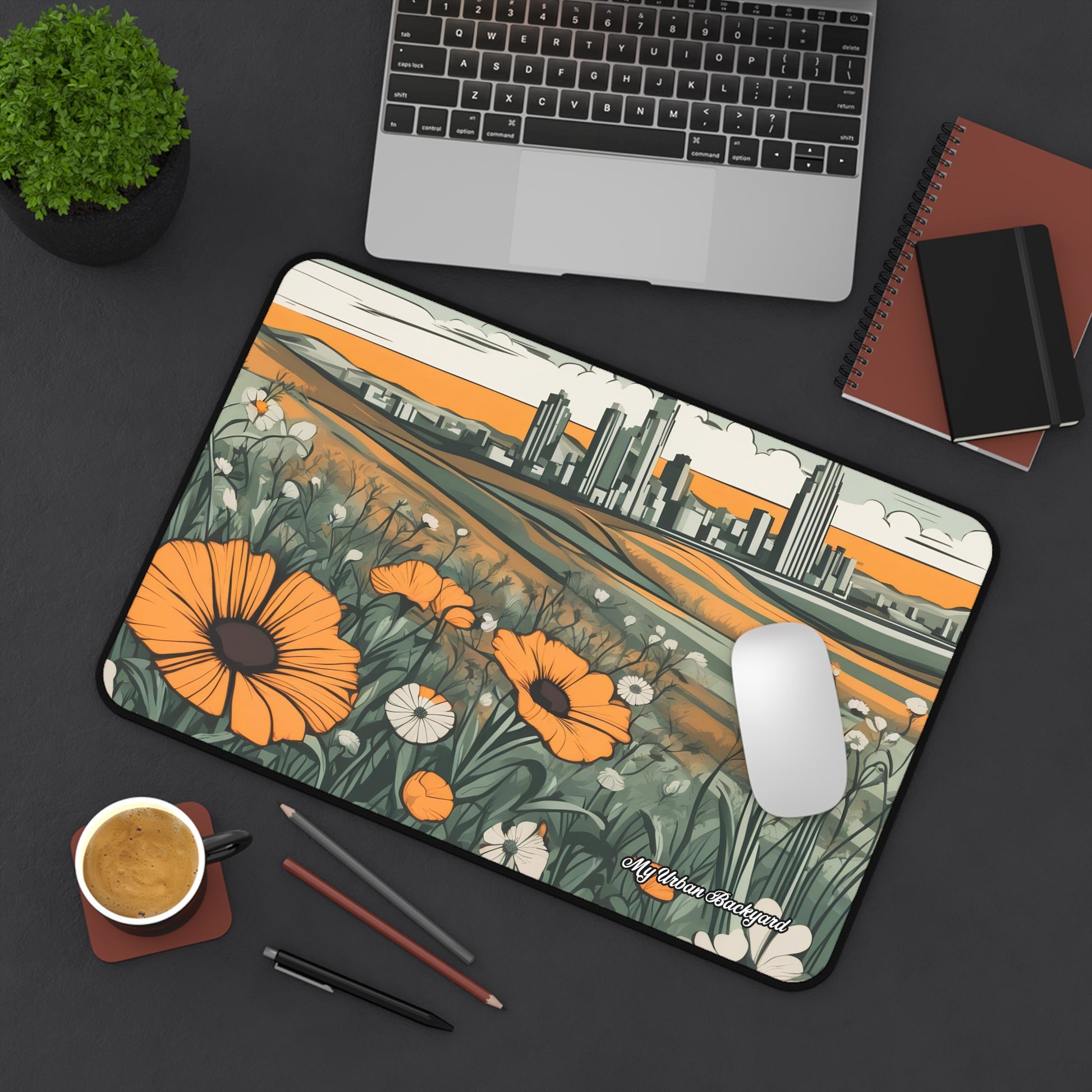 Cityscape Floral Desk Mat | Desktop Protector, Home Office Decor, Gift for Nature Lovers, Stylish Mousepad