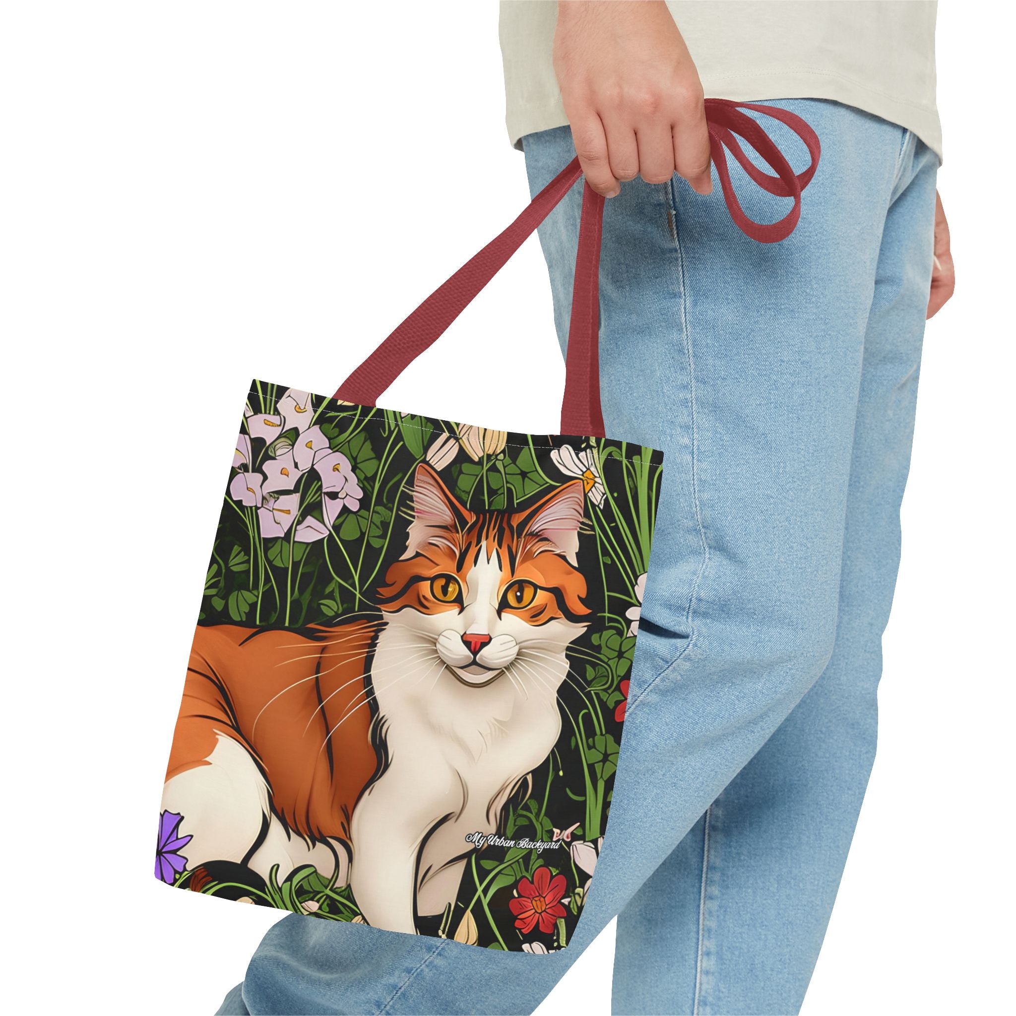 Orange Cat with Flowers Tote Bag with Cotton Handles For Everyday Use, 3 Sizes