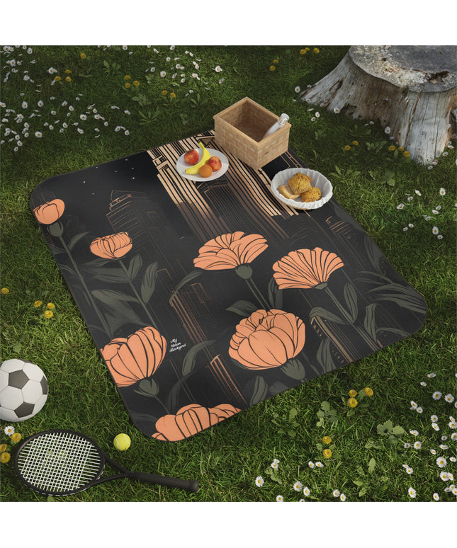 Urban Evening with Flowers, Outdoor Picnic Blanket with Soft Fleece Top, Water-Resistant Bottom, 51" × 61"