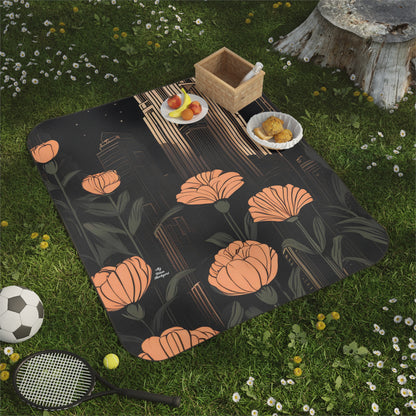 Urban Evening with Flowers, Outdoor Picnic Blanket with Soft Fleece Top, Water-Resistant Bottom, 51" × 61"