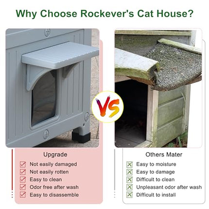 Rockever Luxury Plastic Outdoor Indoor Cat House with Escape Door, Waterproof 2 Story Outdoor Houses for Feral Cats Outside Cat Shelter, Spacious, Clean and Assemble Easily