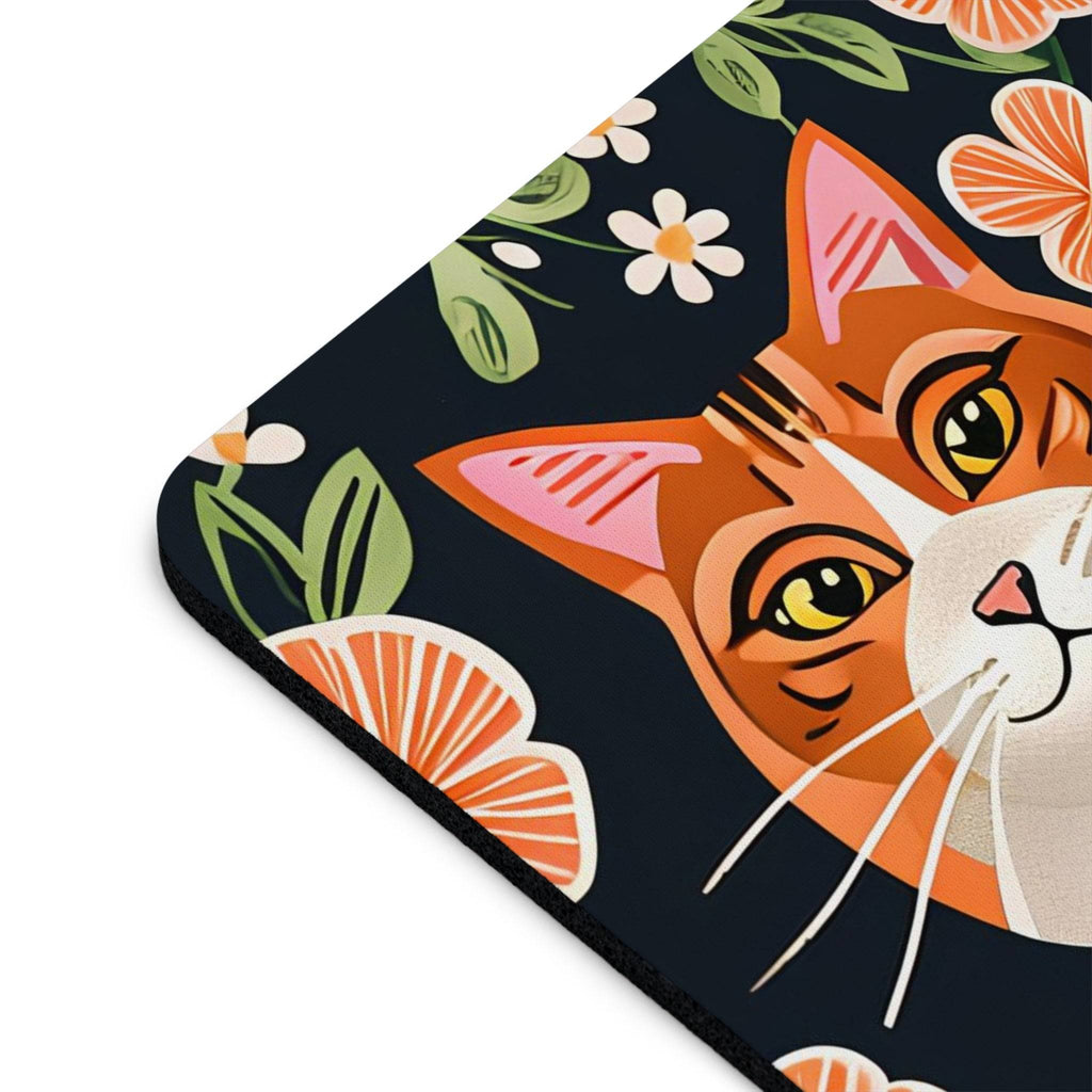 Computer Mouse Pad, Non-slip rubber bottom, Orange Cat w Orange Flowers