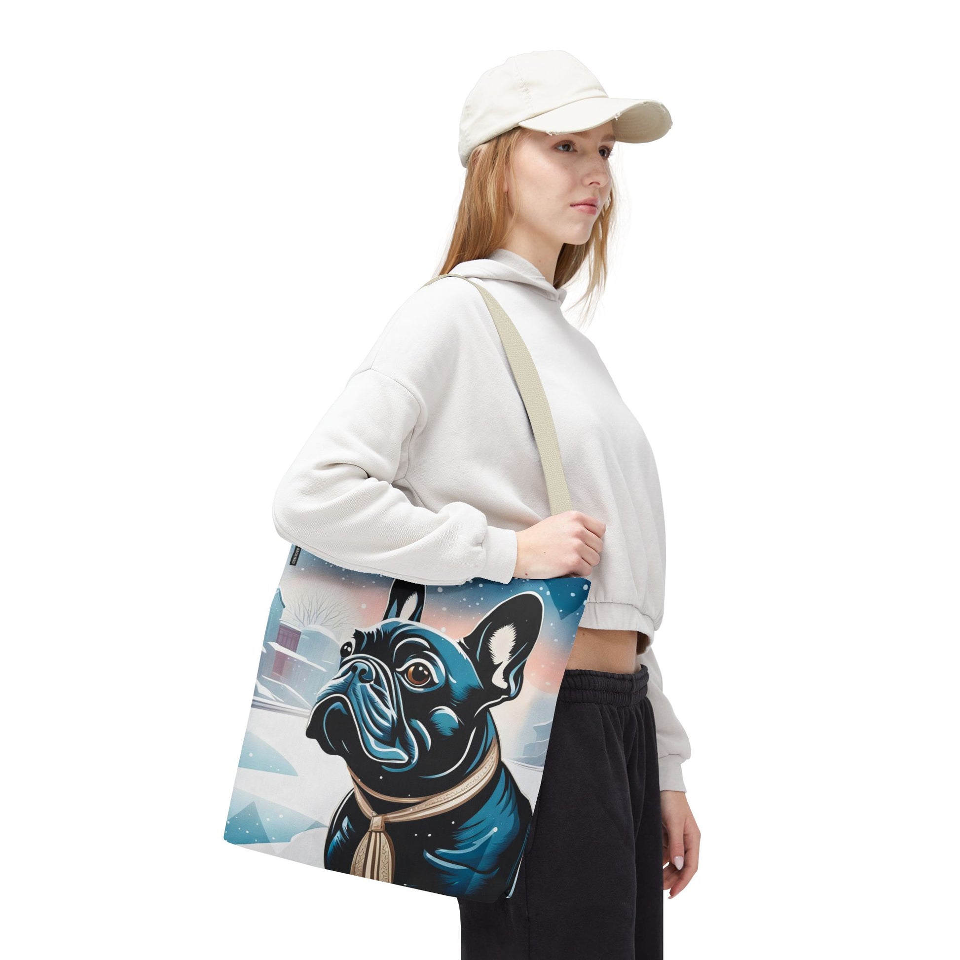 French Bulldog Winter Tote Bag — Snowy Pup All-Over Print Tote