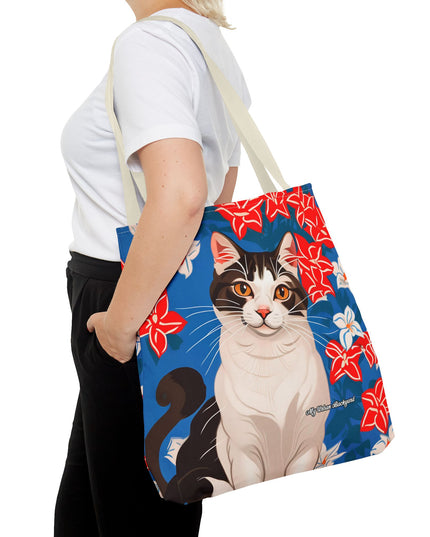 Cat and Red White & Blue Flowers Tote Bag with Cotton Handles For Everyday Use, 3 Sizes