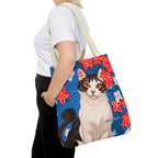 Cat with Red and White Flowers, Tote Bag with Cotton Handles For Everyday Use, 3 Sizes