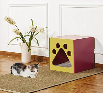 Elegant Home Fashions Cat Cuddle Box Pet House with Paw Design Mellow Green and Fuchsia Finish, PET-986