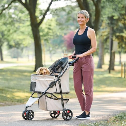 Carlson Pet Products Stroller, Includes 360 Degree Front Wheel Swivel, Rear Wheel Breaks, Reflective Trim, Mesh Panels, Umbrella and Mesh Canopy, Khaki