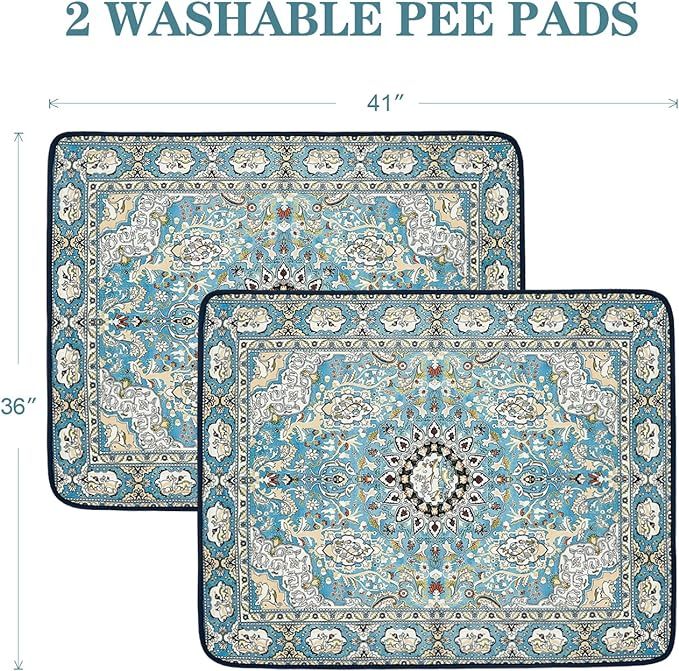 Reusable Puppy Potty Pads, Washable, Litter Mat, Wee Wee Pad, For Floor, Crate, Couch, Medallion Blue, 36"x41", 2-Pack