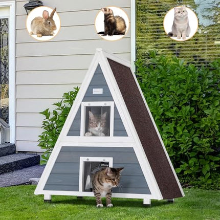 Petsfit Outdoor Cat House Weatherproof 31" Lx20 W x36 H, Two Level Outside Feral Cat House with Escape Door,Outdoor Indoor Pet House for Small Animal Grey