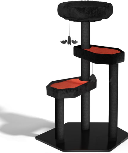 Happy & Polly Gothic Cat Tree with Coffin Bed - 40.9"Black Cat Tower with Soft Mats, Natural Sisal Scratching Posts, Bat Hanging Ball, Multi-Level Platform Cat Activity Center for Large Cats Halloween