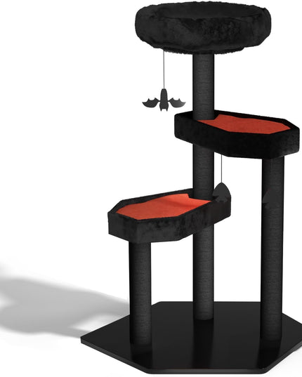 Happy & Polly Gothic Cat Tree with Coffin Bed - 40.9"Black Cat Tower with Soft Mats, Natural Sisal Scratching Posts, Bat Hanging Ball, Multi-Level Platform Cat Activity Center for Large Cats Halloween