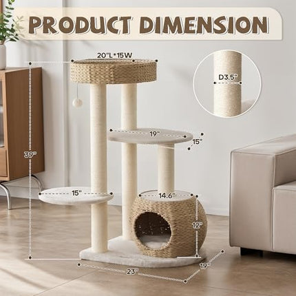 KAMABOKO Modern Cat Tree, Cat Trees for Indoor Cats w/Natural Sisal Scratching Posts, Hand-Woven Condo & Top Perch, 39" Tall Cat-Tree for Kittens Climb Play & Rest