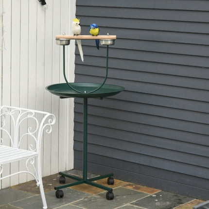 Cageless Bird Feeder Station, Rolling Perch With Four Wheels, Stainless Steel Feeding Bowls, Round Tray, Green