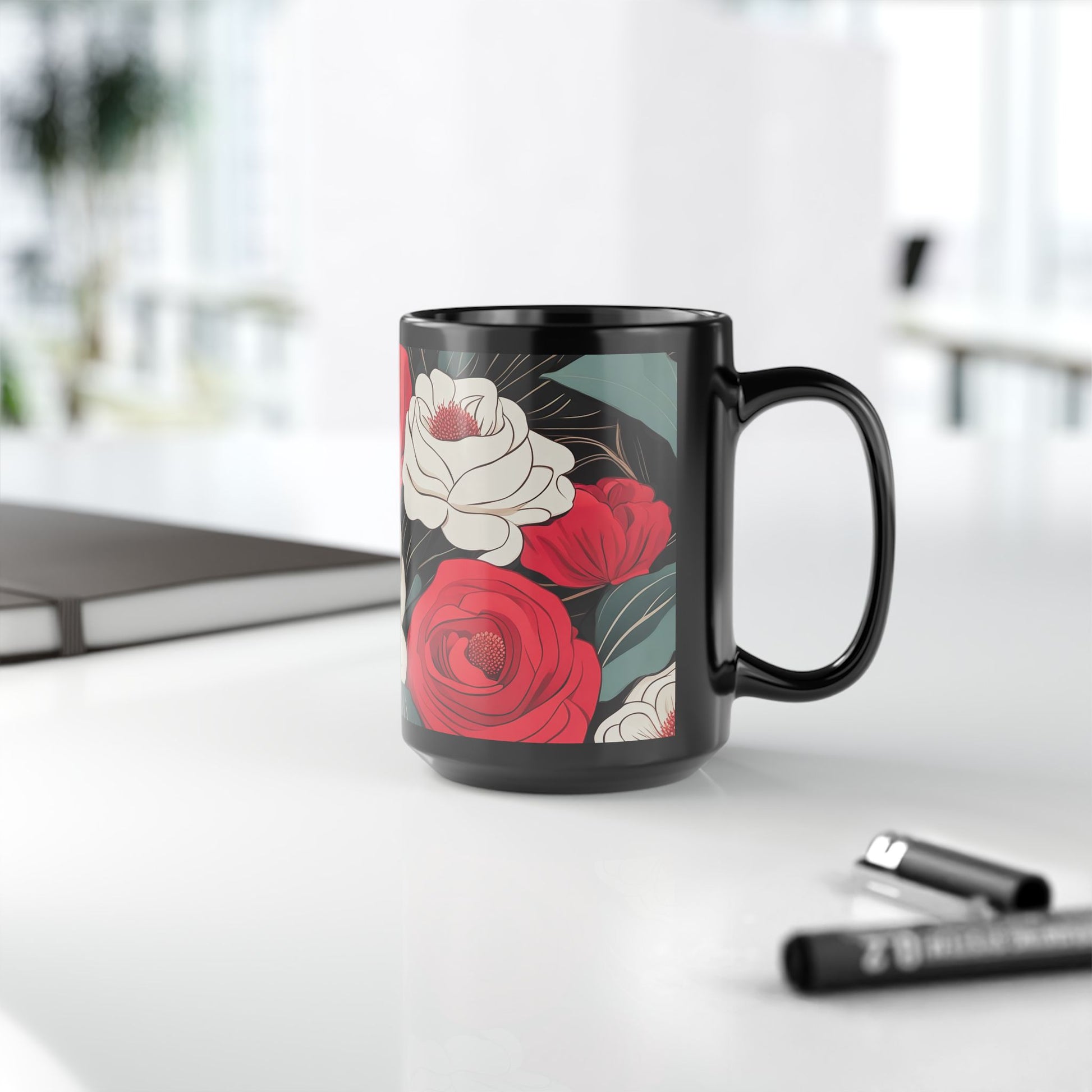 Floral Black Mug - Perfect for Coffee Lovers, Gift for Her, Home Decor, Botanical Design, Floral Coffee Cup