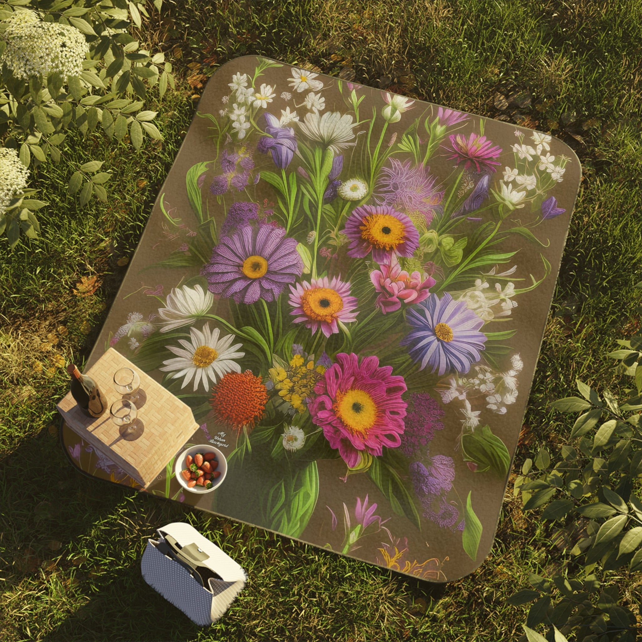 Bouquet of Flowers, Cozy Outdoor Picnic Blanket, Water-Resistant Bottom, 51" × 61"