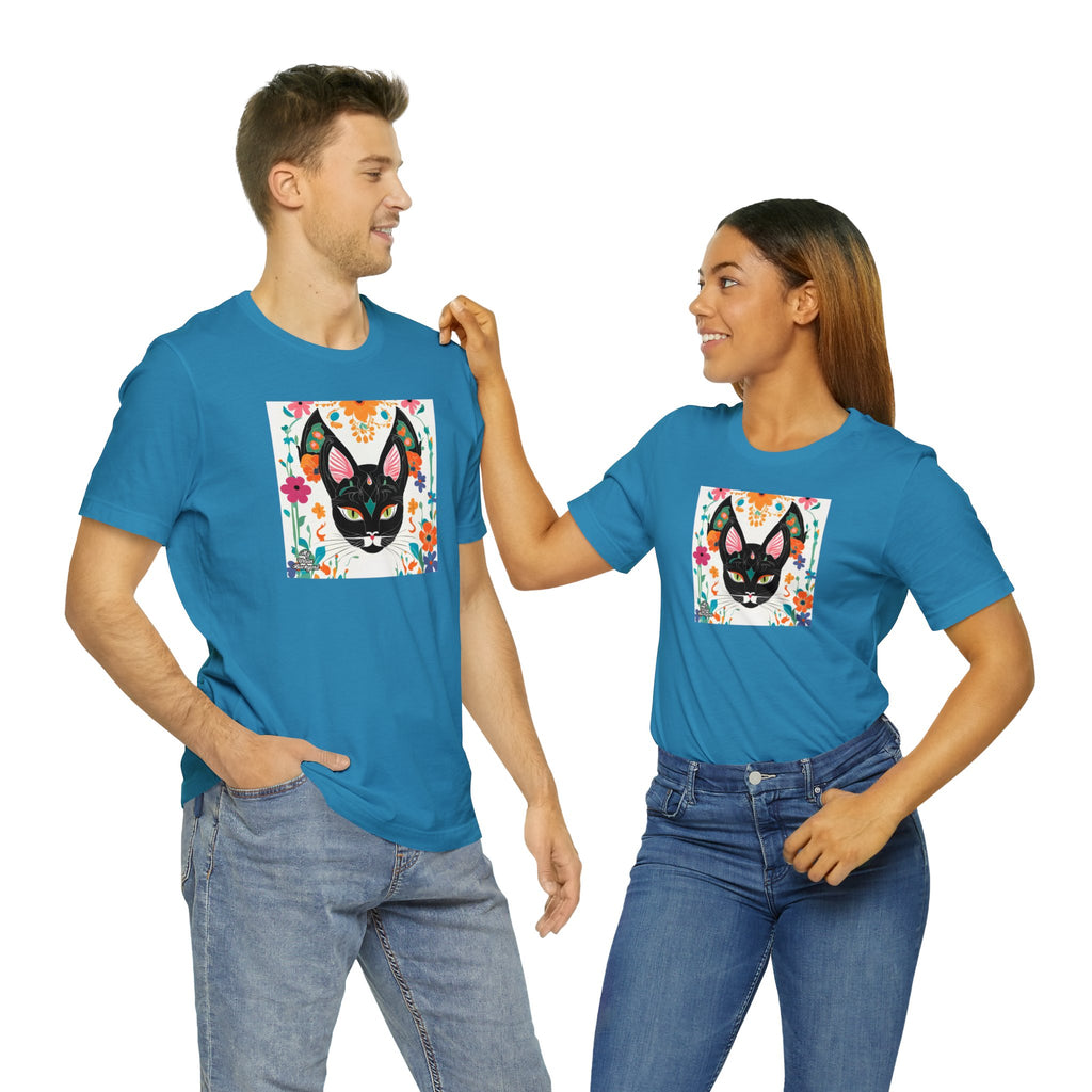 Black Cat w Green Eyes & Flowers, Soft 100% Jersey Cotton T-Shirt, Unisex, Short Sleeve, Retail Fit