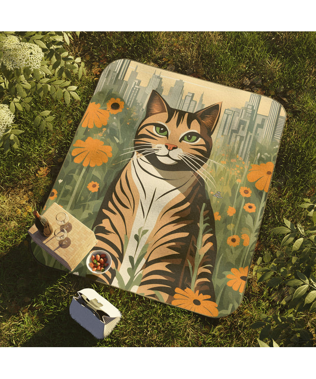 Finn Purrington, Cat Outdoor Picnic Blanket, Water-Resistant Bottom, 51" × 61"