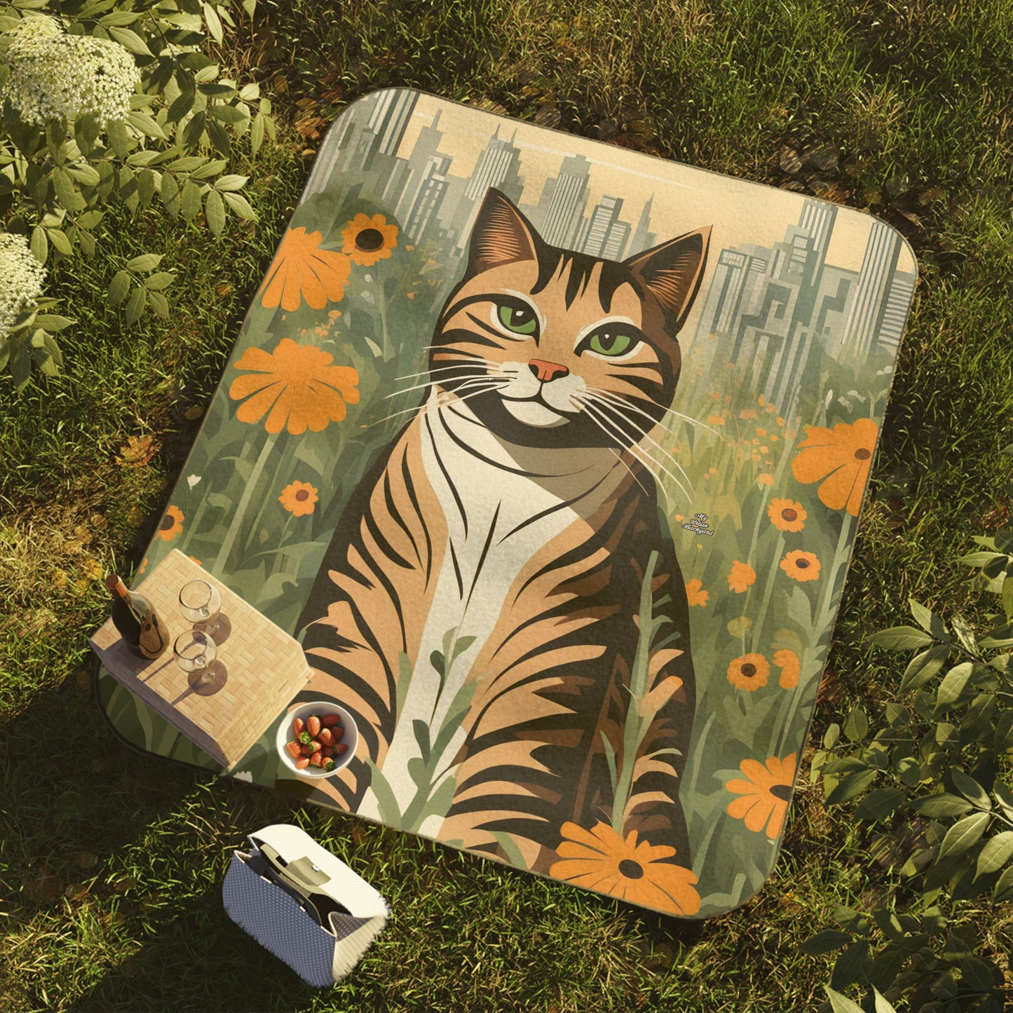 Outdoor Picnic Blanket with Soft Fleece Top and Water-Resistant Bottom - City Tabby
