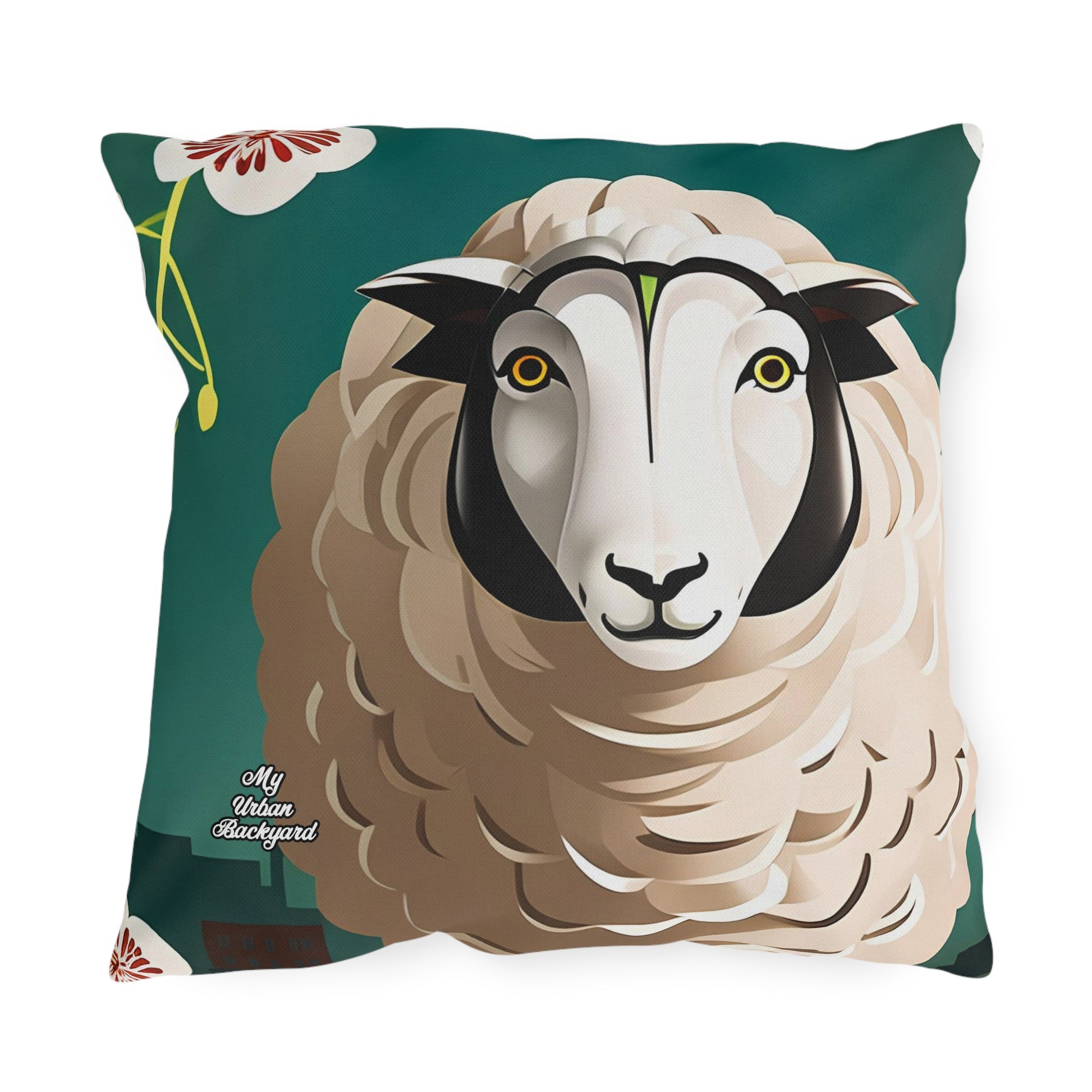 A Sheep with Flowers, Black accent color, Throw Pillow, Indoor/Outdoor Decor for Home or Office
