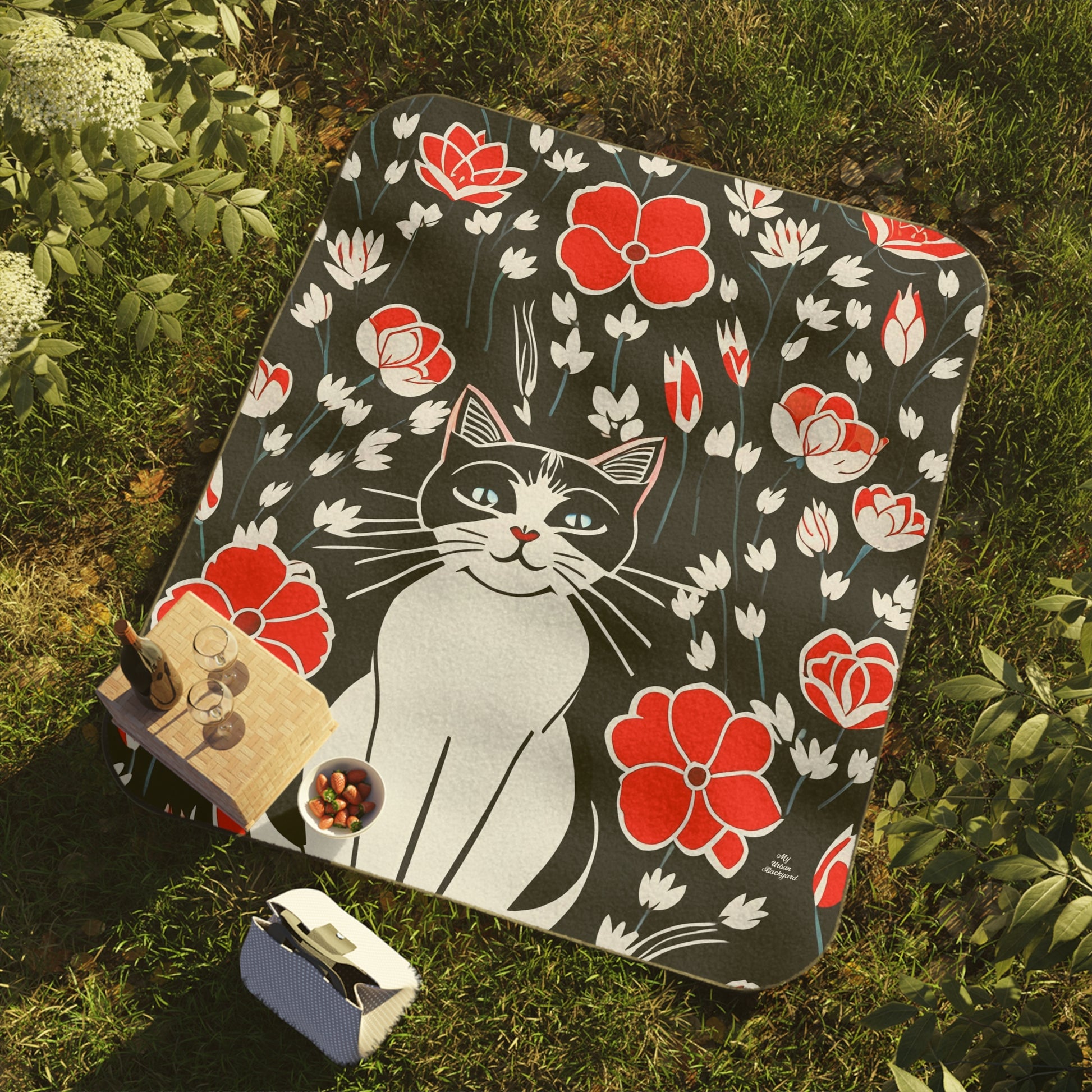 Cat with Red Flowers, Cozy Outdoor Picnic Blanket, Water-Resistant Bottom, 51" × 61"