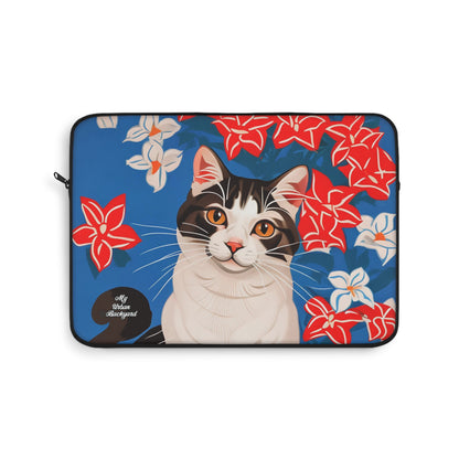 Cat with White & Red Flowers, Laptop Carrying Case, Top Loading Sleeve for School or Work