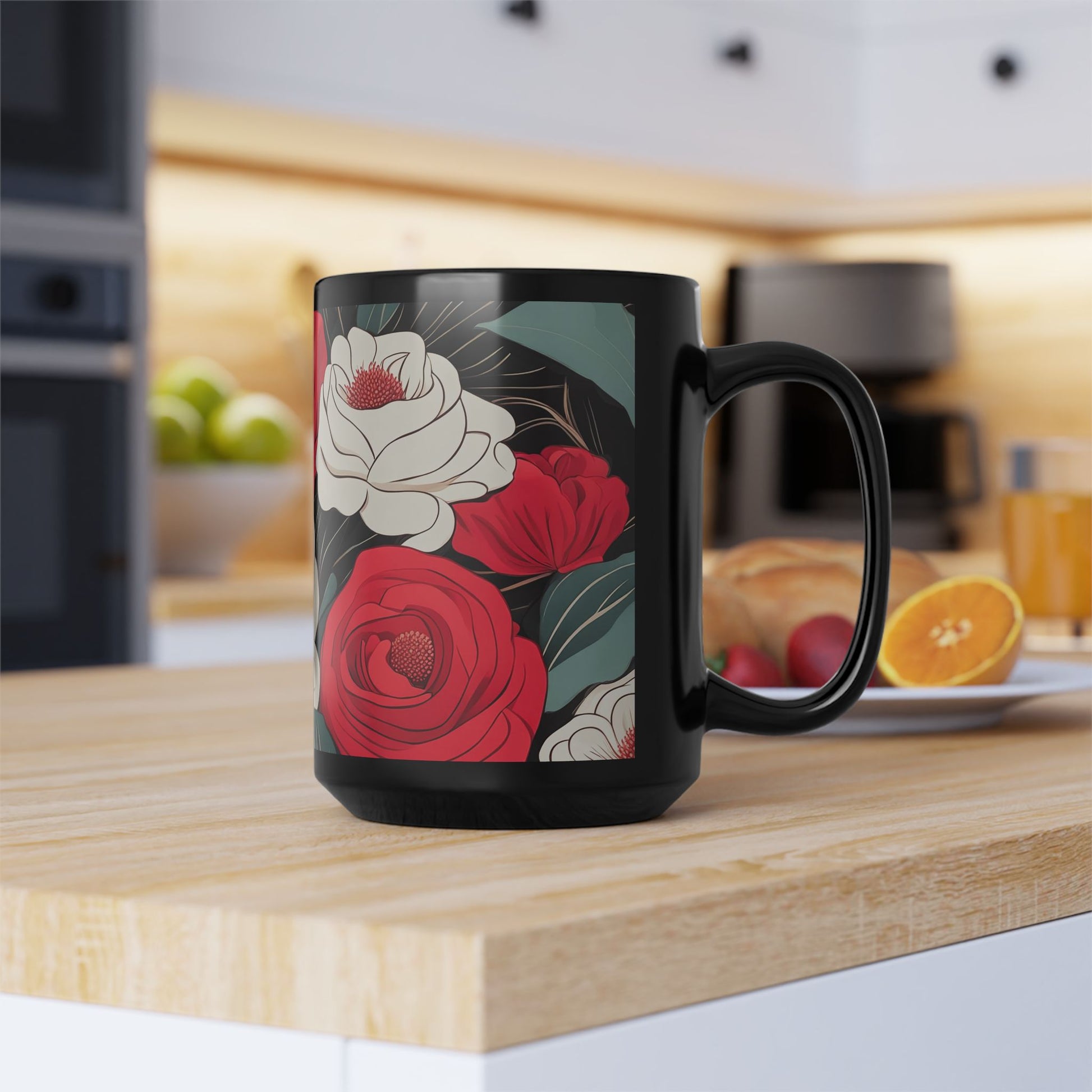 Floral Black Mug - Perfect for Coffee Lovers, Gift for Her, Home Decor, Botanical Design, Floral Coffee Cup