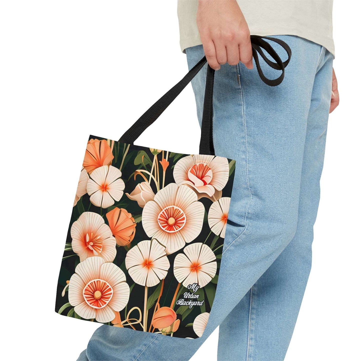 Everyday Tote Bag w Cotton Handles, Reusable Shoulder Bag, Art Deco Flowers