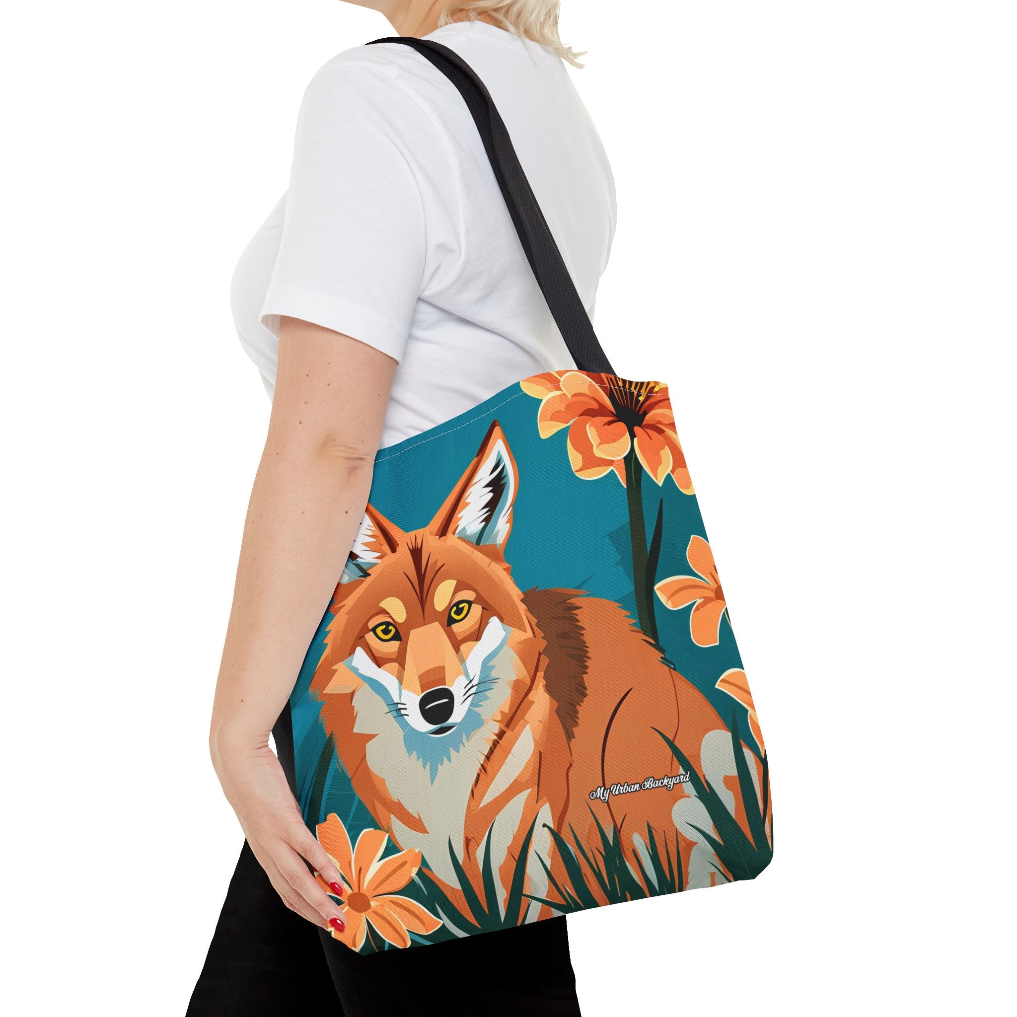 Coyote with Flowers Tote Bag with Cotton Handles For Everyday Use, 3 Sizes
