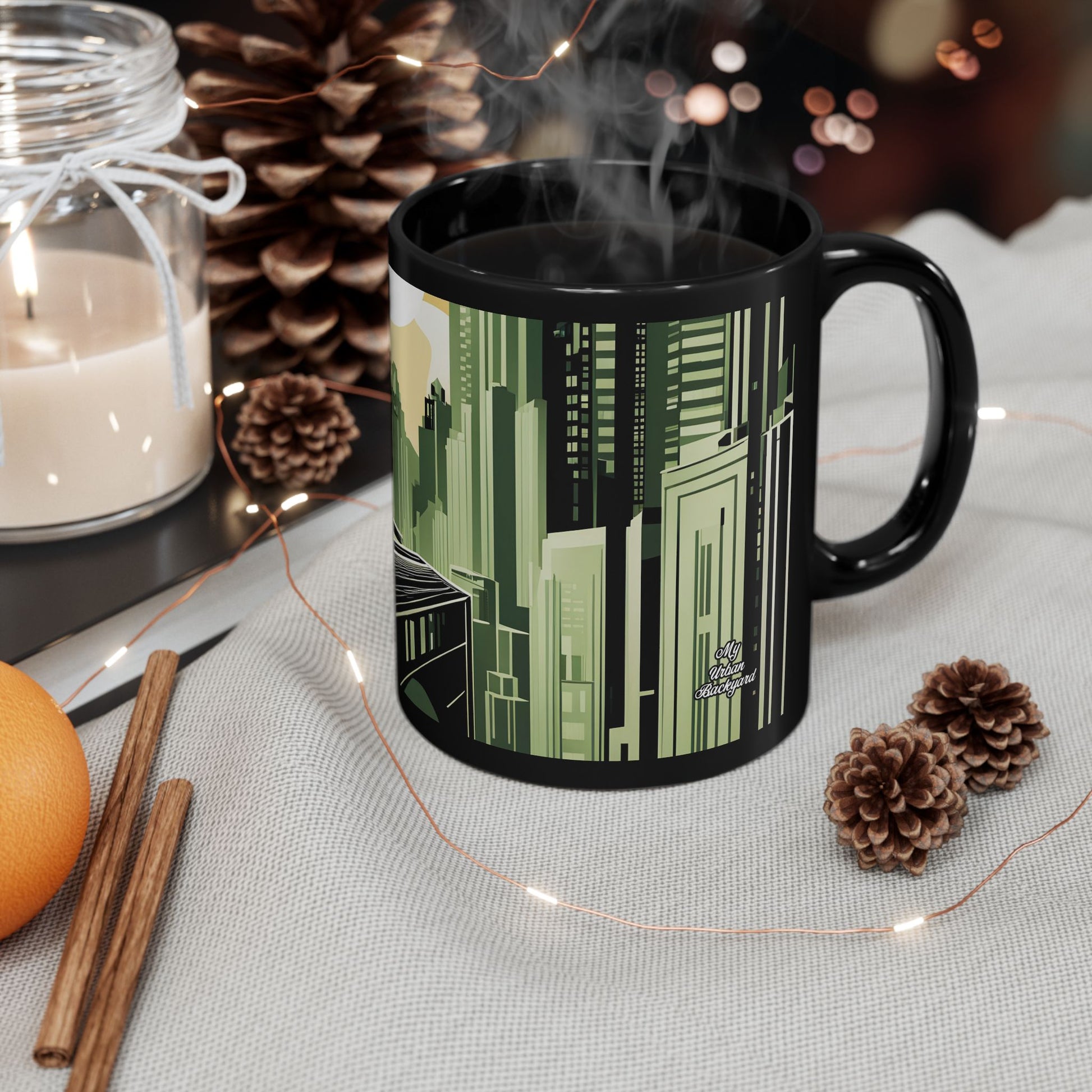 Art Deco Coyote Mug, Unique 11oz/15oz Black Coffee Cup, Retro Home Decor, Gift for Animal Lovers, Vintage Style, Perfect for Any Occasion