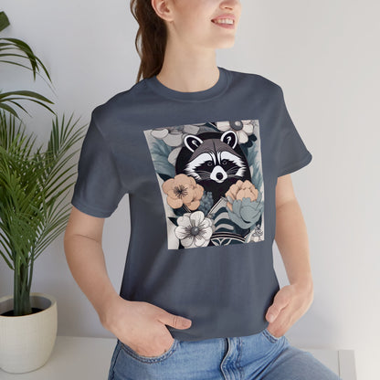 Art Deco Raccoon with Flowers, Soft 100% Jersey Cotton T-Shirt, Unisex, Short Sleeve, Retail Fit