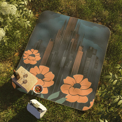 Art Deco Building and Flowers, Outdoor Picnic Blanket with Soft Fleece Top, Water-Resistant Bottom, 51" × 61"