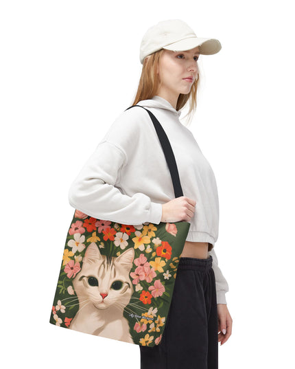White Cat with Flowers Tote Bag with Cotton Handles For Everyday Use, 3 Sizes