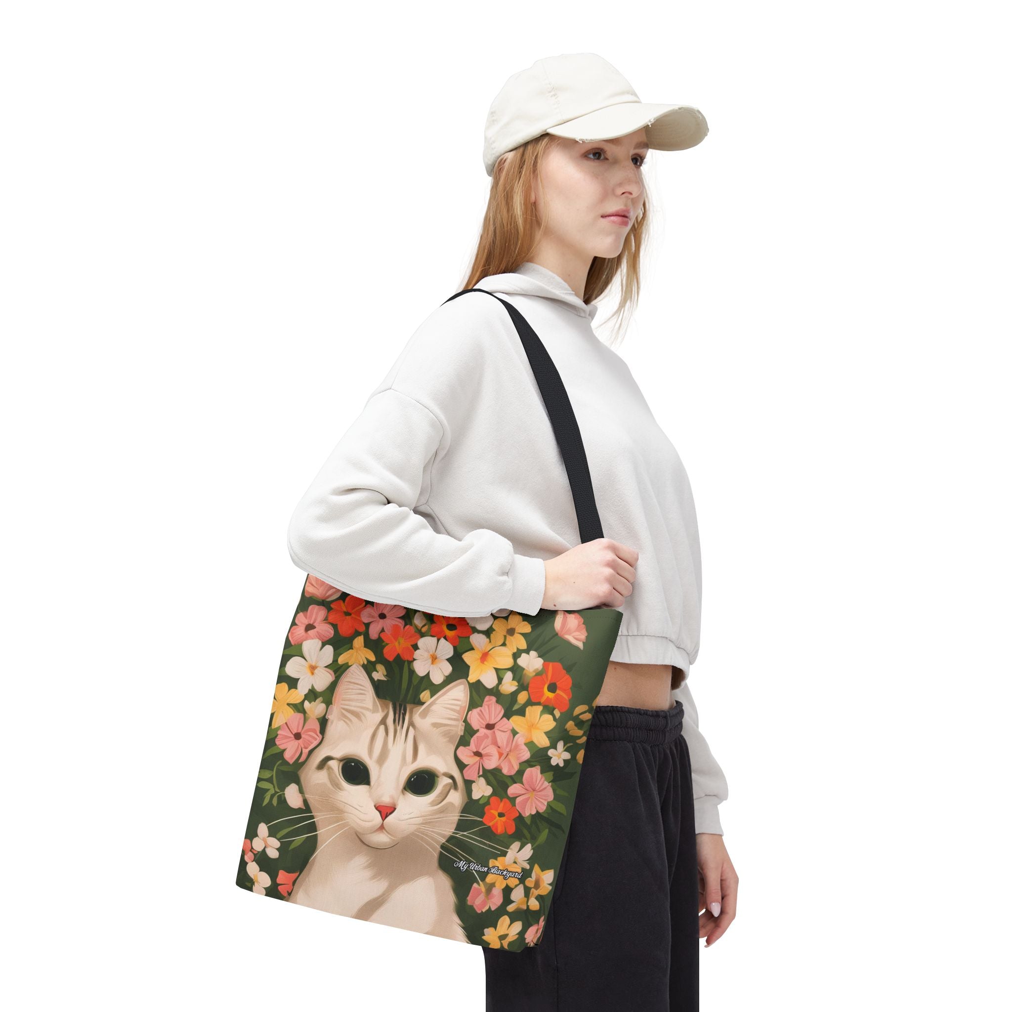 White Cat with Flowers Tote Bag with Cotton Handles For Everyday Use, 3 Sizes