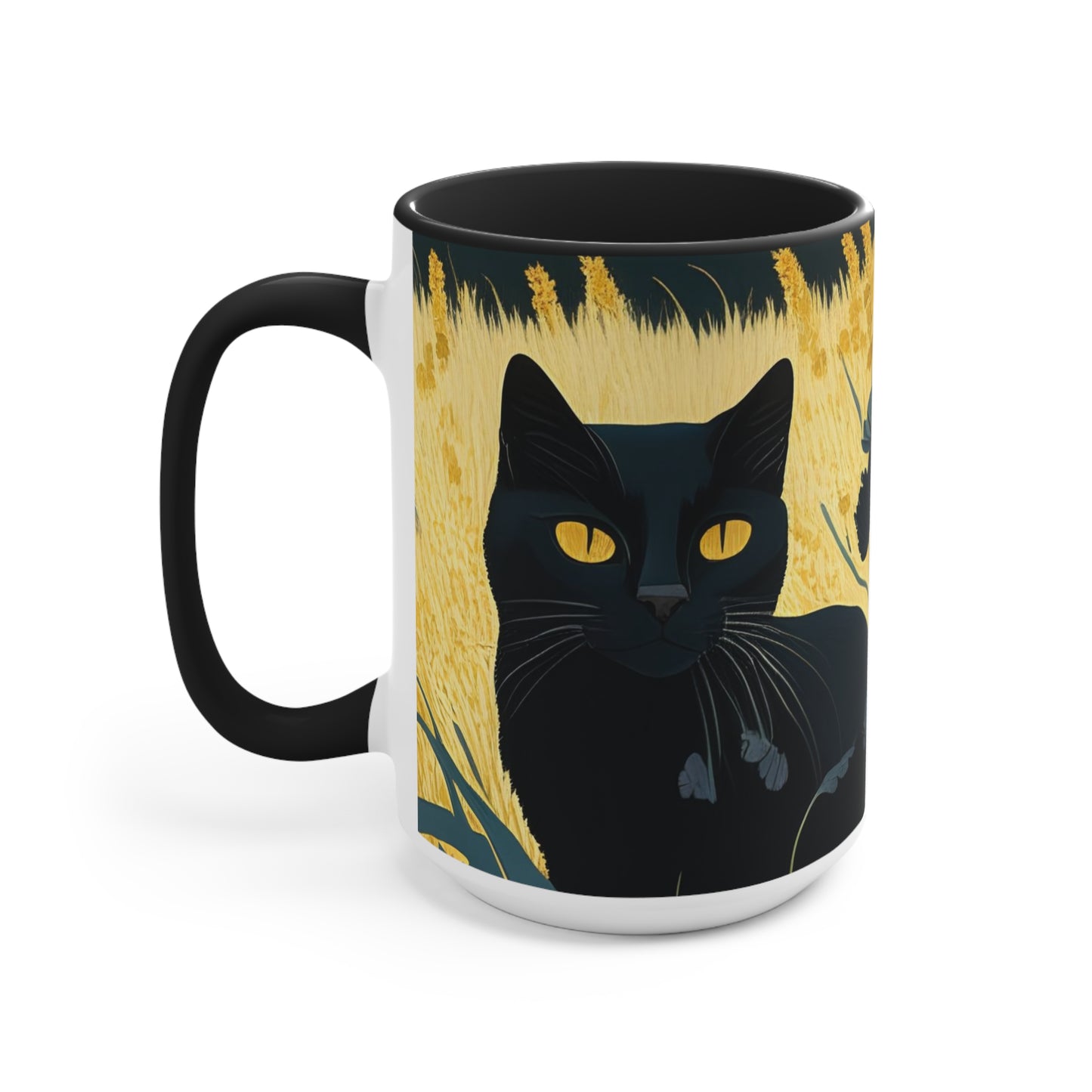 Black Cat with Black Flowers, Ceramic Mug - Perfect for Coffee, Tea, and More!