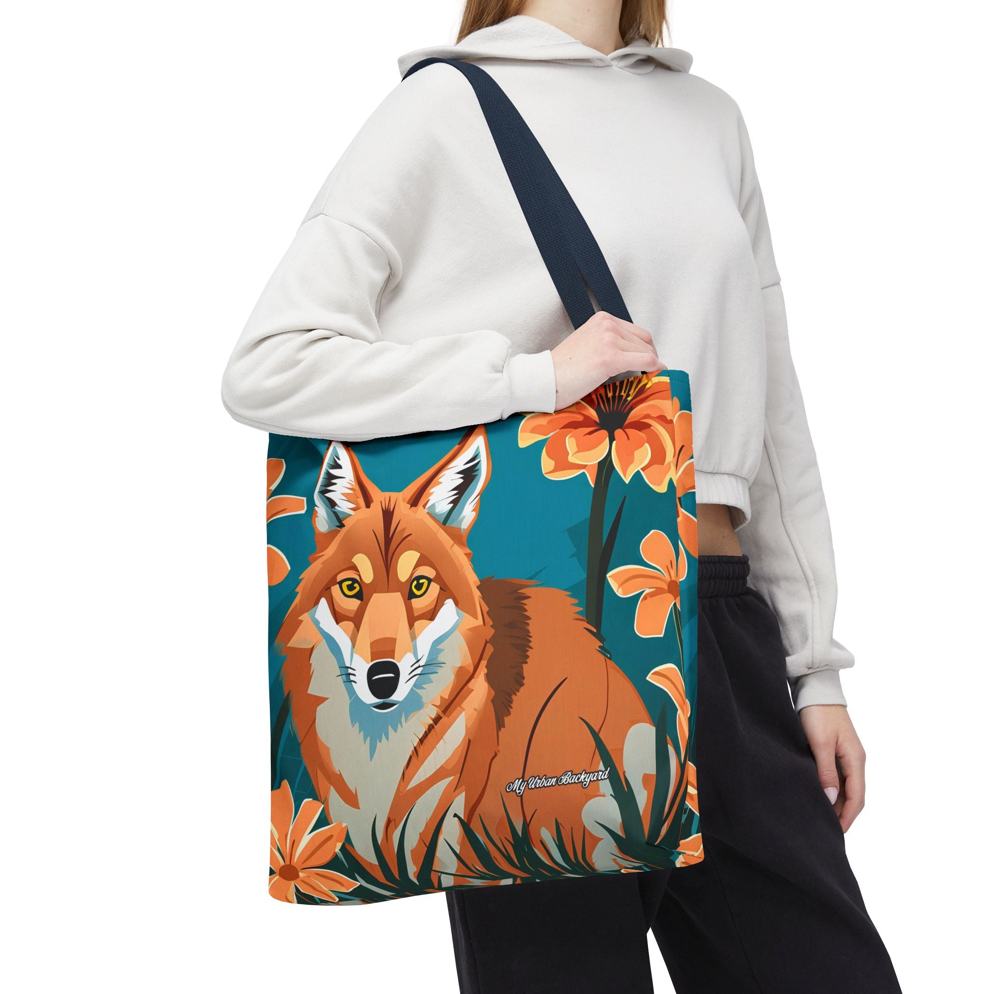 Coyote with Flowers Tote Bag with Cotton Handles For Everyday Use, 3 Sizes