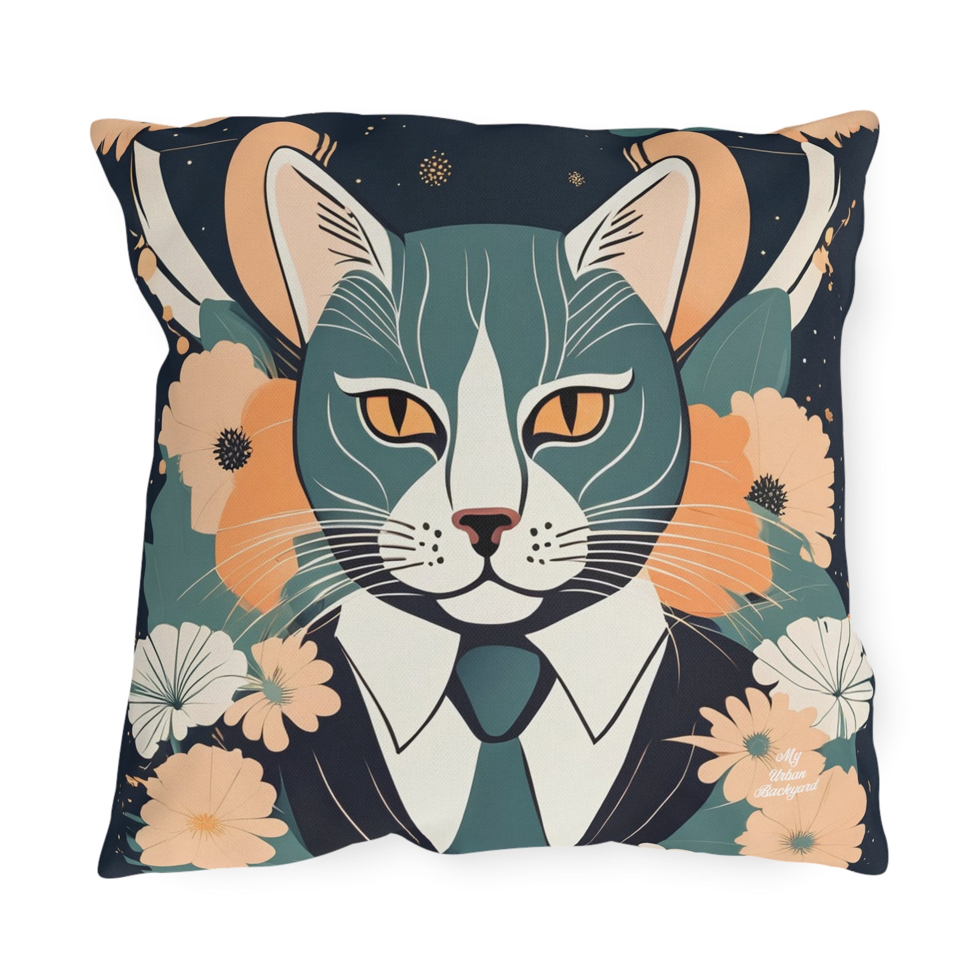 Simon Whiskerford, Faded Jade accent color, Cat Throw Pillow, Indoor/Outdoor Decor for Home or Office