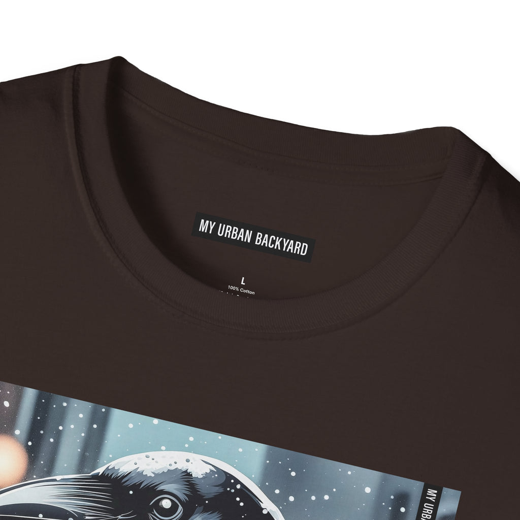 Urban Crow In Falling Snow T-Shirt — Winter Crow Graphic Tee