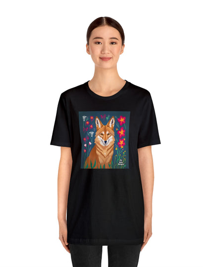 Coyote w Red Flowers, Soft 100% Jersey Cotton T-Shirt, Unisex, Short Sleeve, Retail Fit