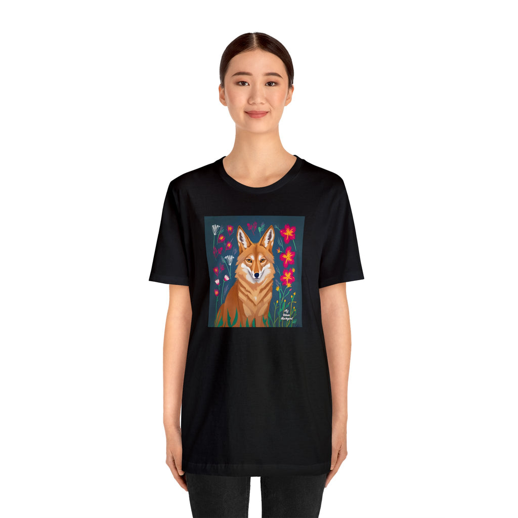 Coyote w Red Flowers, Soft 100% Jersey Cotton T-Shirt, Unisex, Short Sleeve, Retail Fit